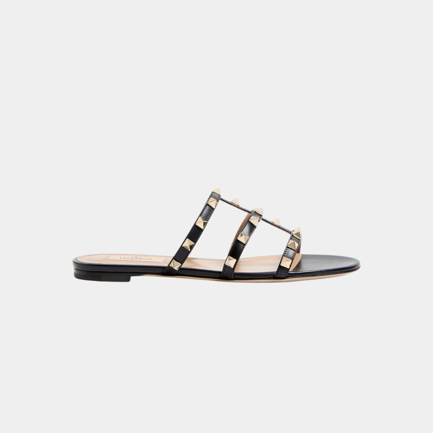 Valentino Rockstud Flat Slide Sandal, Black, Side