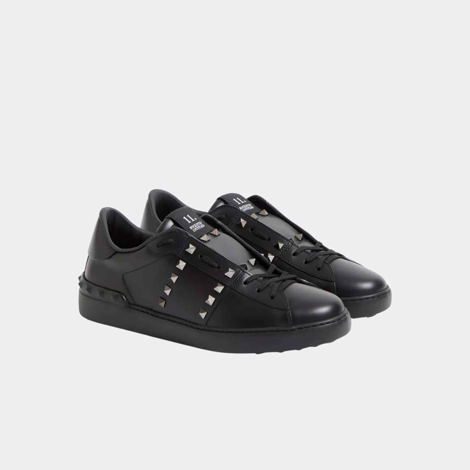 Valentino Rockstud Untitled Sneaker in Calfskin Leather, Black, Front