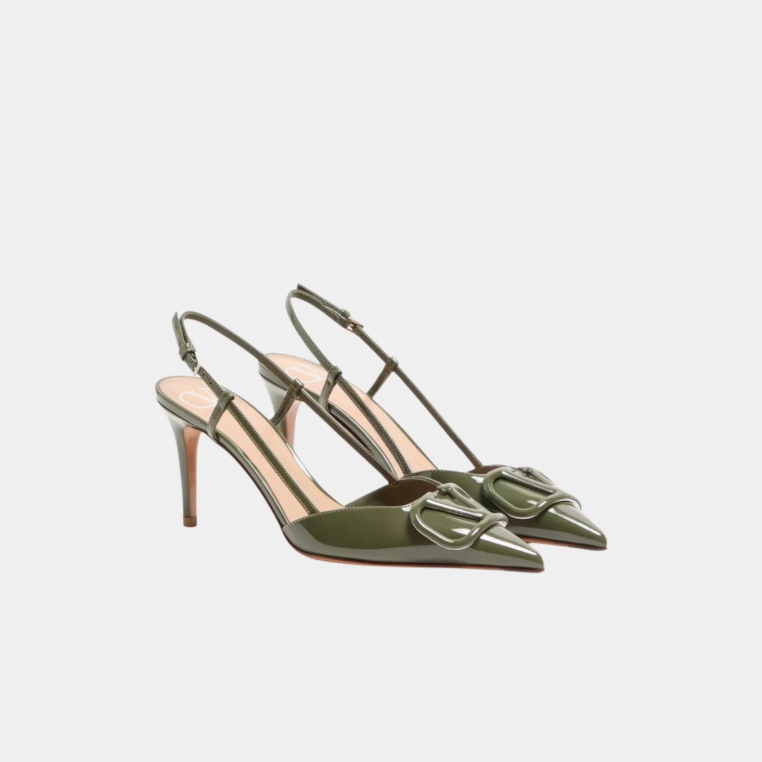 Valentino Vlogo Signature Patent Leather Slingback Pump, Military Green, Front