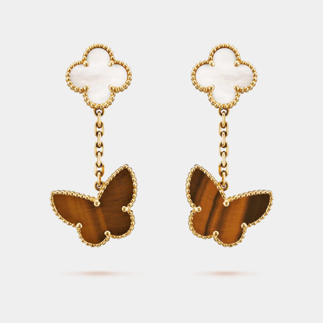 Van Cleef &amp; Arpels Lucky Alhambra Earrings Gold And Pearl Tiger Eye, Front