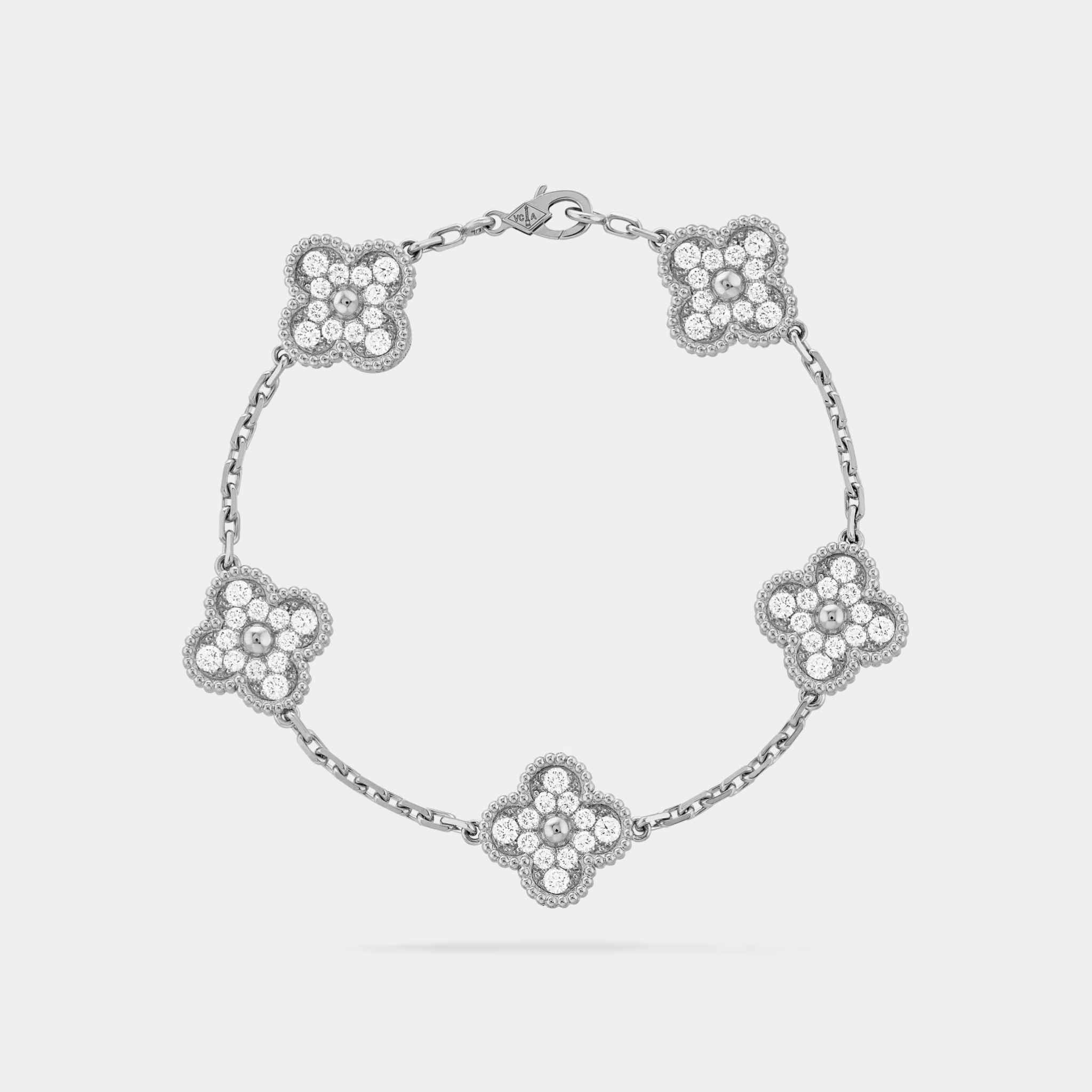 Van Cleef &amp; Arpels Alhambra White Gold Motifs Bracelet Diamond, Linked Front View
