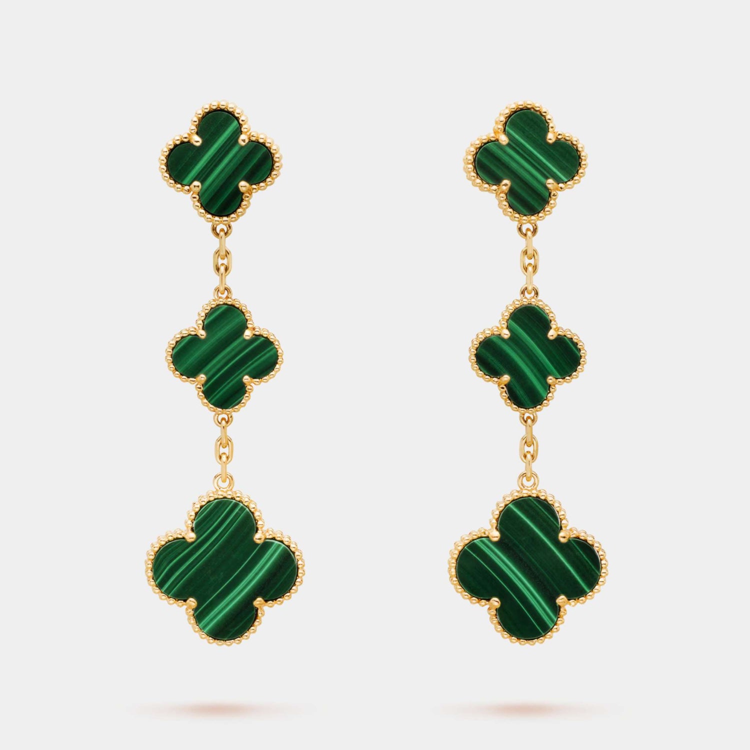 Van Cleef &amp; Arpels Magic Alhambra Earrings 3 Motifs Gold Malachite, Front