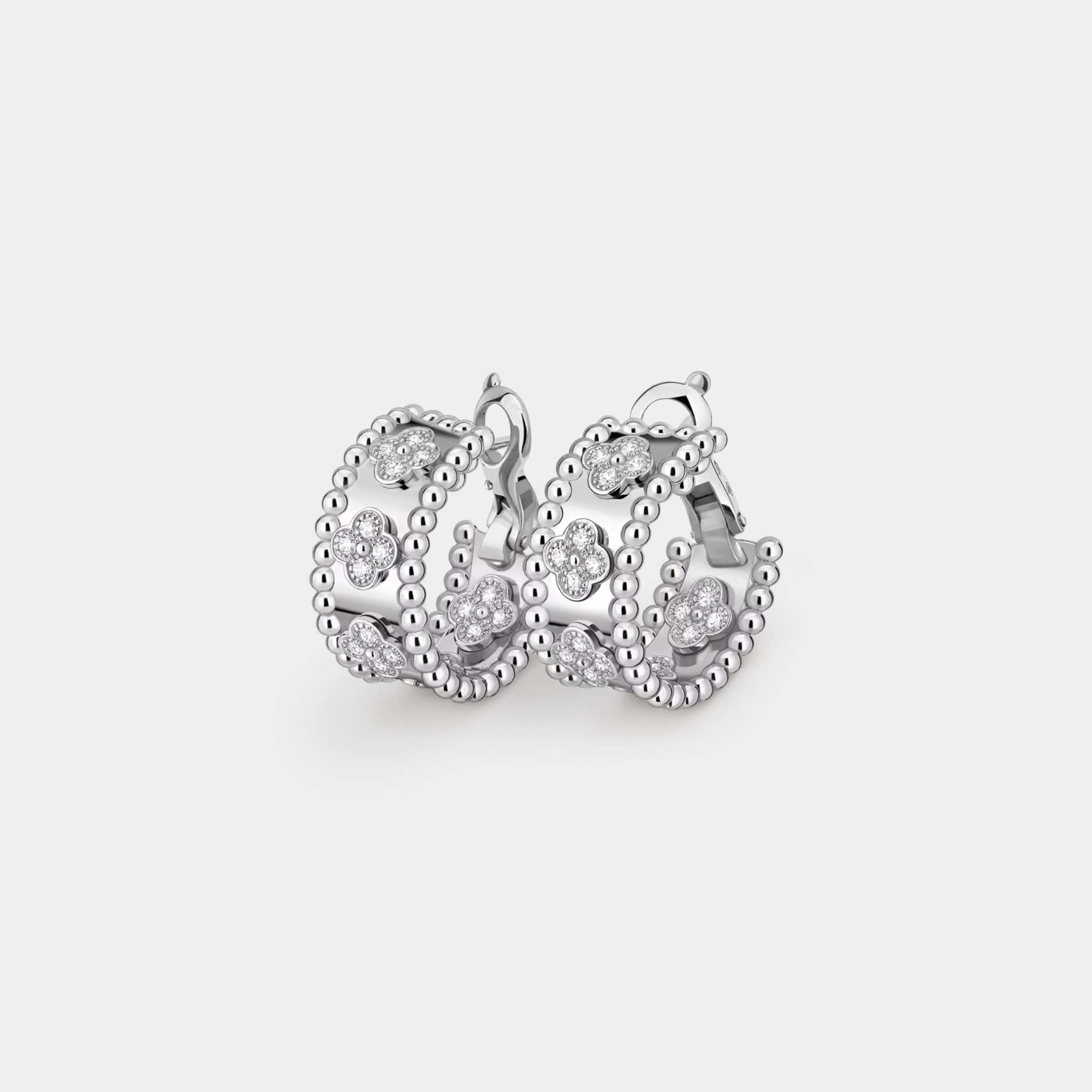 Van Cleef &amp; Arpels Perlée Clovers Hoop Earrings White Gold Diamond,Front