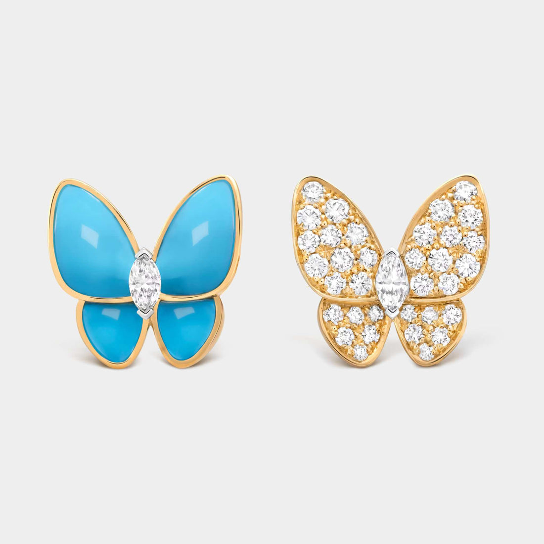 Van Cleef &amp; Arpels Two Butterfly Earrings Gold Diamond Turquoise, Front