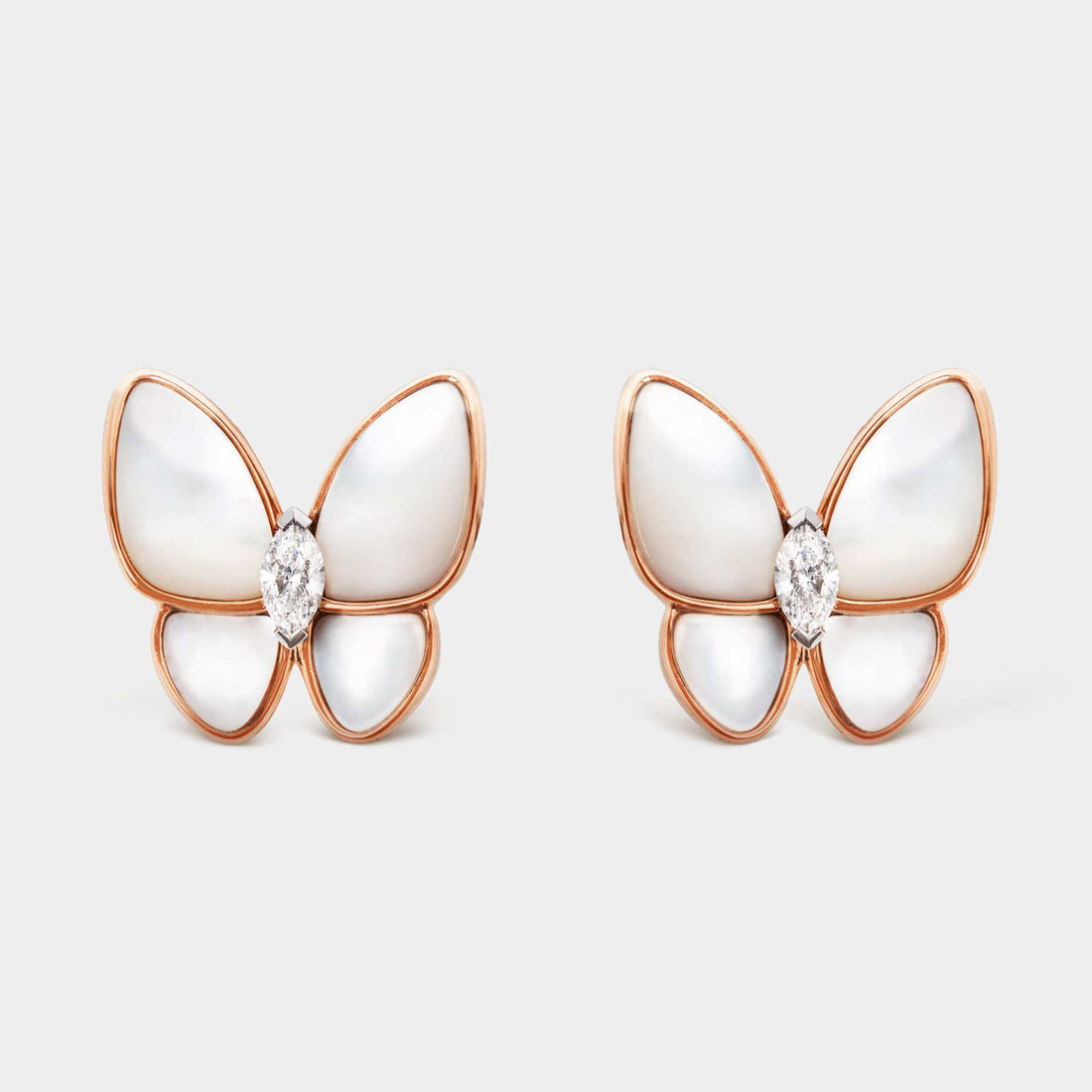 Van Cleef & Arpels Two Butterfly Earrings Rose Gold Diamond Pearl,Front