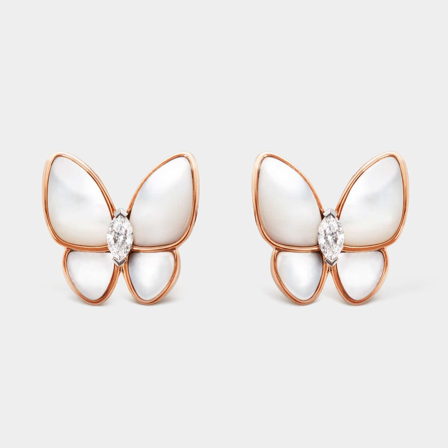 Van Cleef &amp; Arpels Two Butterfly Earrings Rose Gold Diamond Pearl,Front