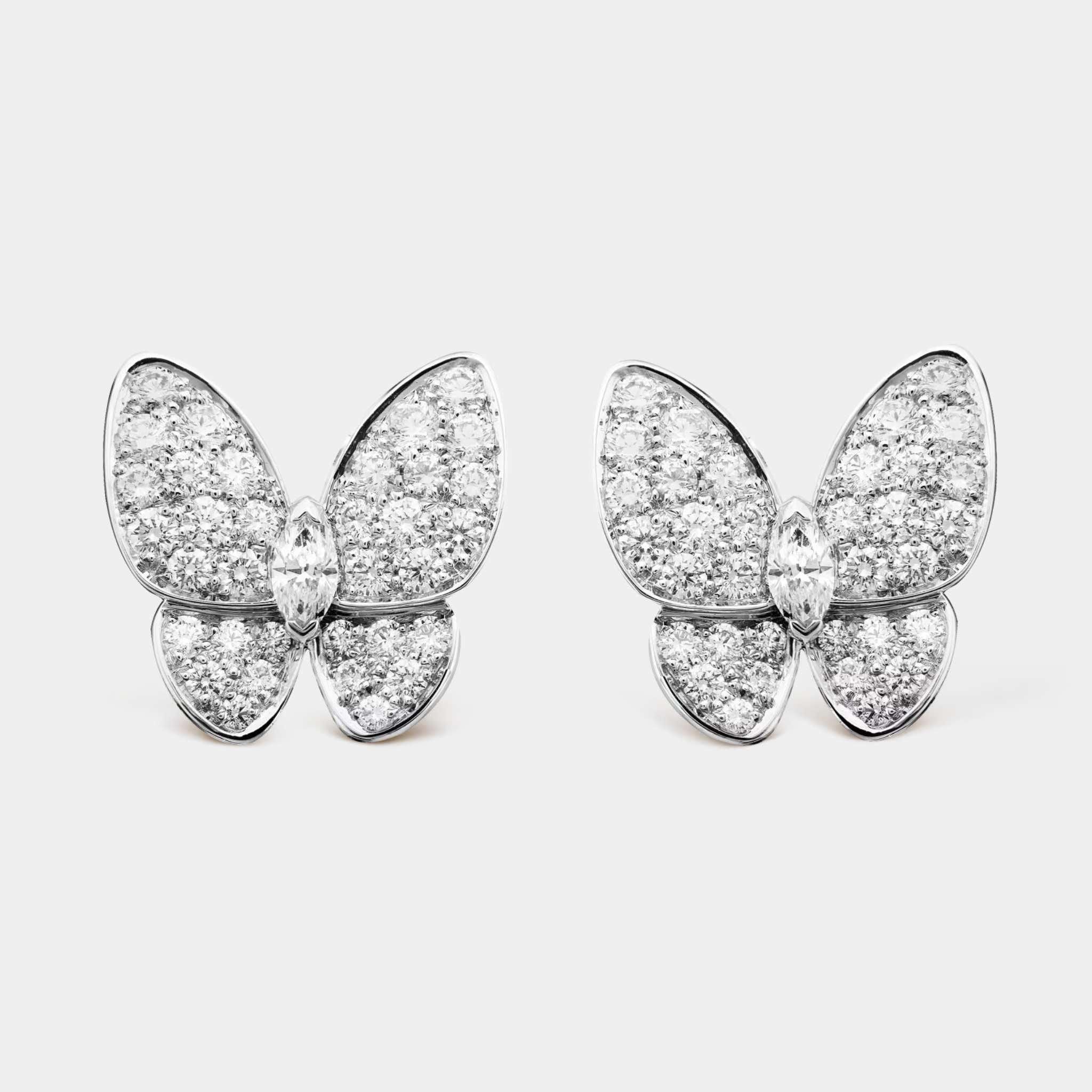 Van Cleef &amp; Arpels Two Butterfly Earrings White Gold Diamond. Front