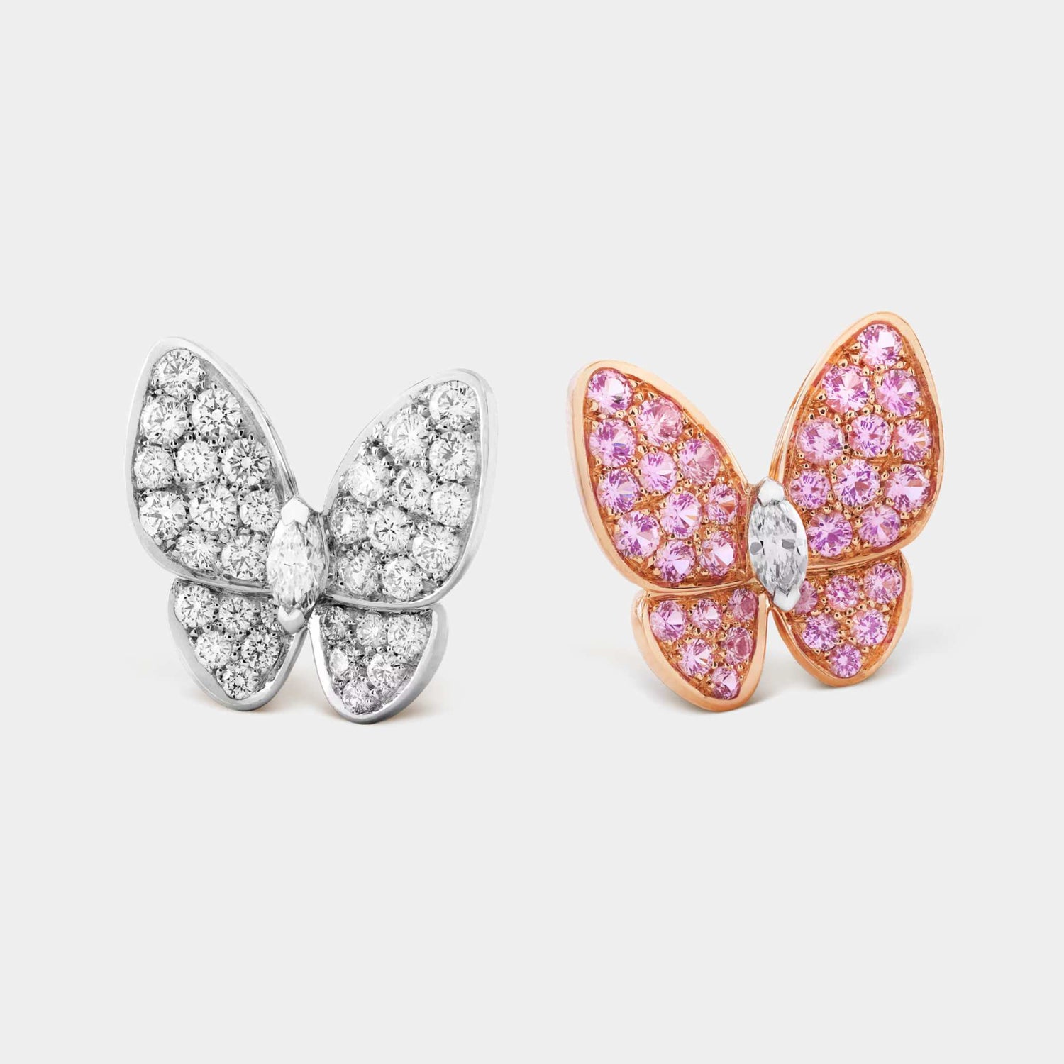 Van Cleef &amp; Arpels Two Butterfly Earrings White Gold Diamond Sapphire, Front