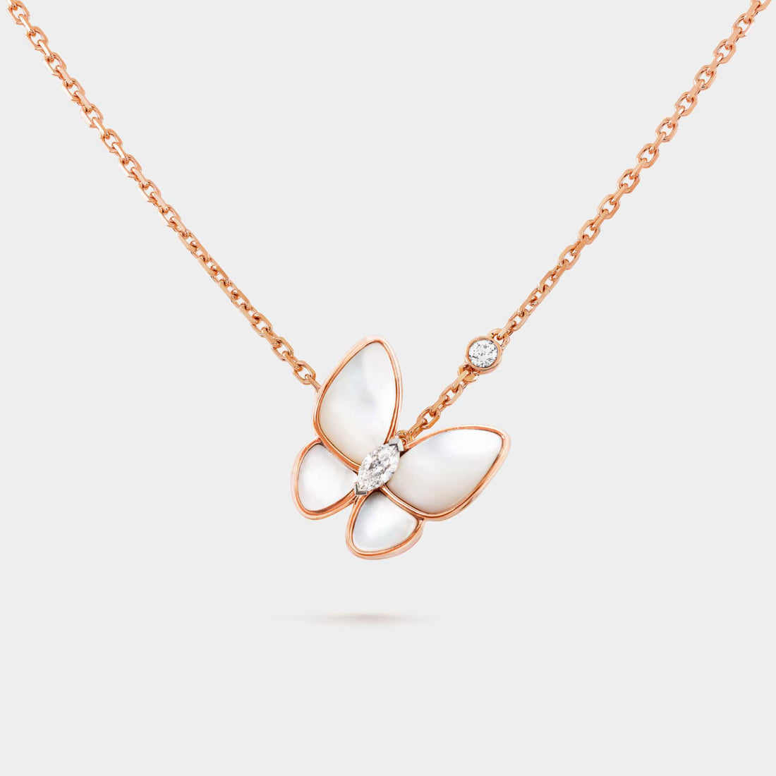Van Cleef & Arpels Two Butterfly Pendant Rose Gold Diamond With Pearl, Front
