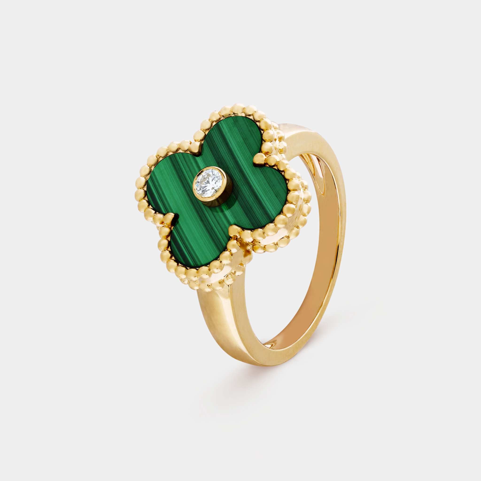 Van Cleef &amp; Arpels Vintage Alhambra Ring Yellow Gold Diamond Malachite, Front