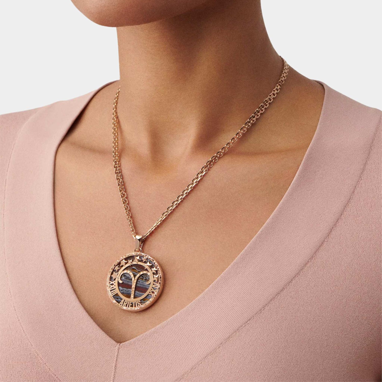 Van Cleef &amp; Arpels Zodiaque Long Necklace Arietis Rose Gold Iron Eye, Model, Back Pendant