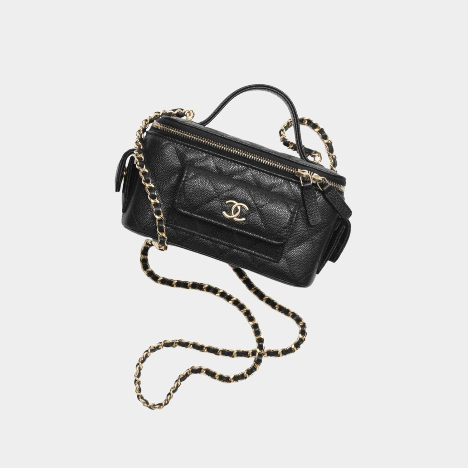 Chanel Vanity with Chain in Grained Shiny Calfskin and Gold Tone, Black