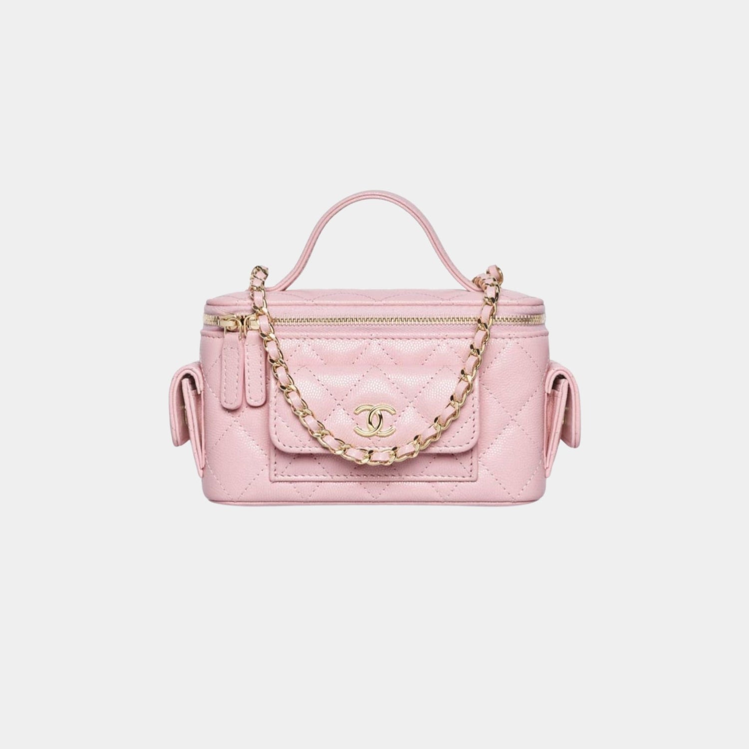 Chanel Vanity with Chain in Grained Shiny Calfskin and Gold Tone, Light Pink