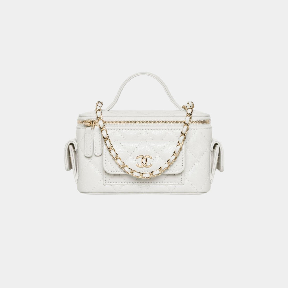 Chanel Vanity with Chain in Grained Shiny Calfskin and Gold Tone, White