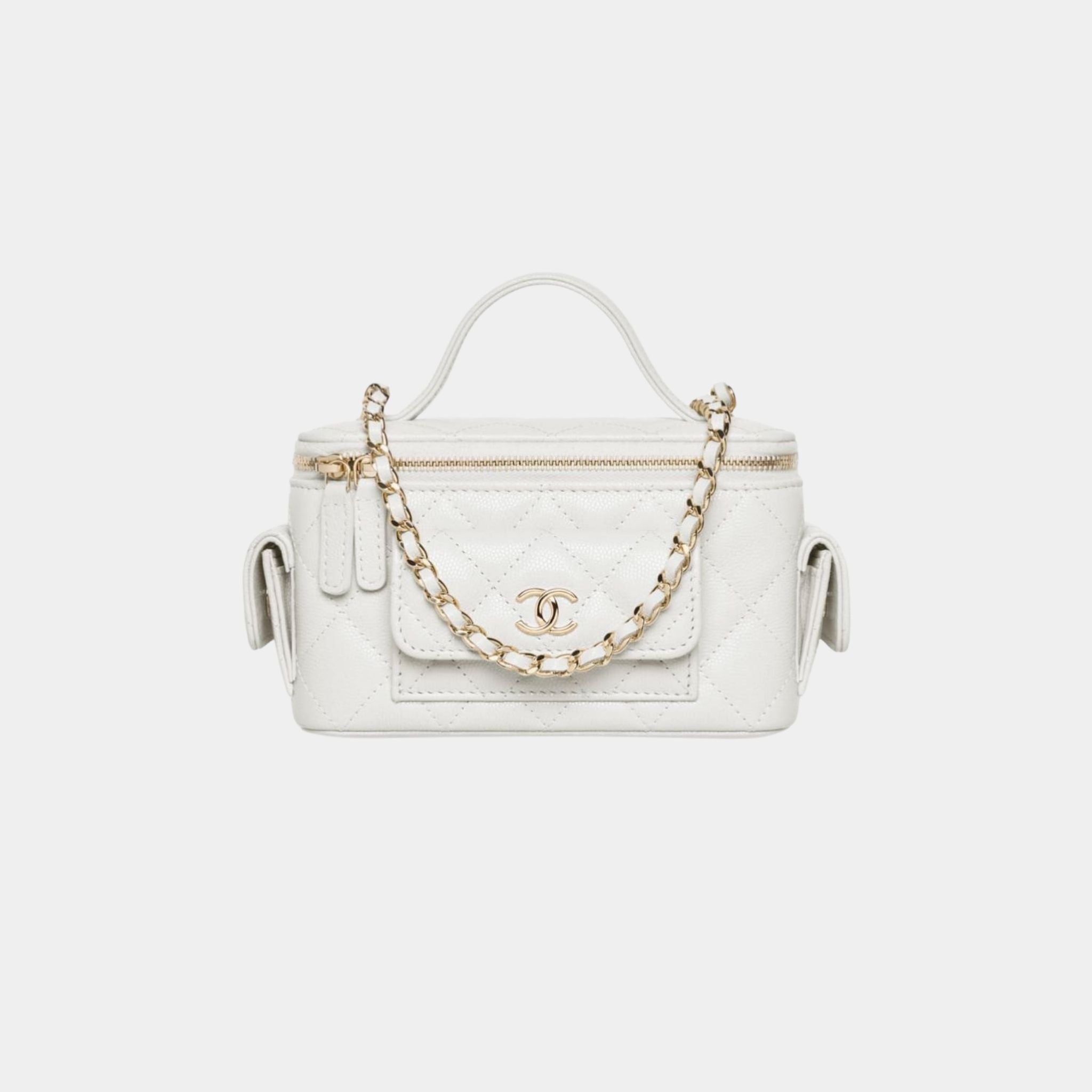 Chanel Vanity with Chain in Grained Shiny Calfskin and Gold Tone, White