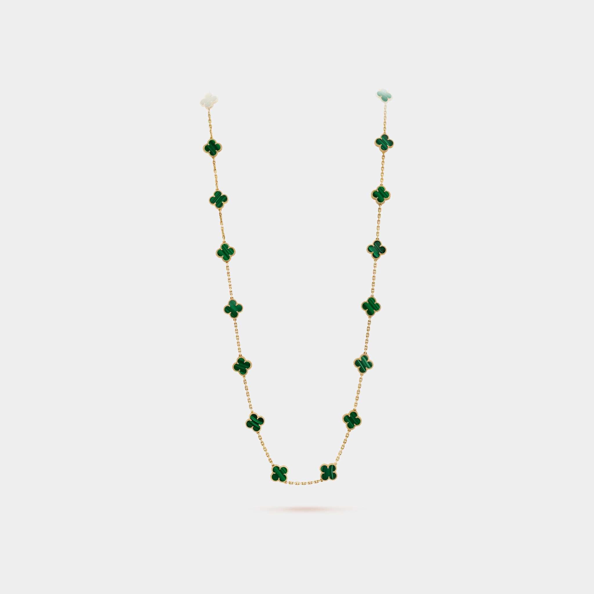 Vintage Alhambra Long Necklace 20 Motifs Yellow Gold Malachite, Front