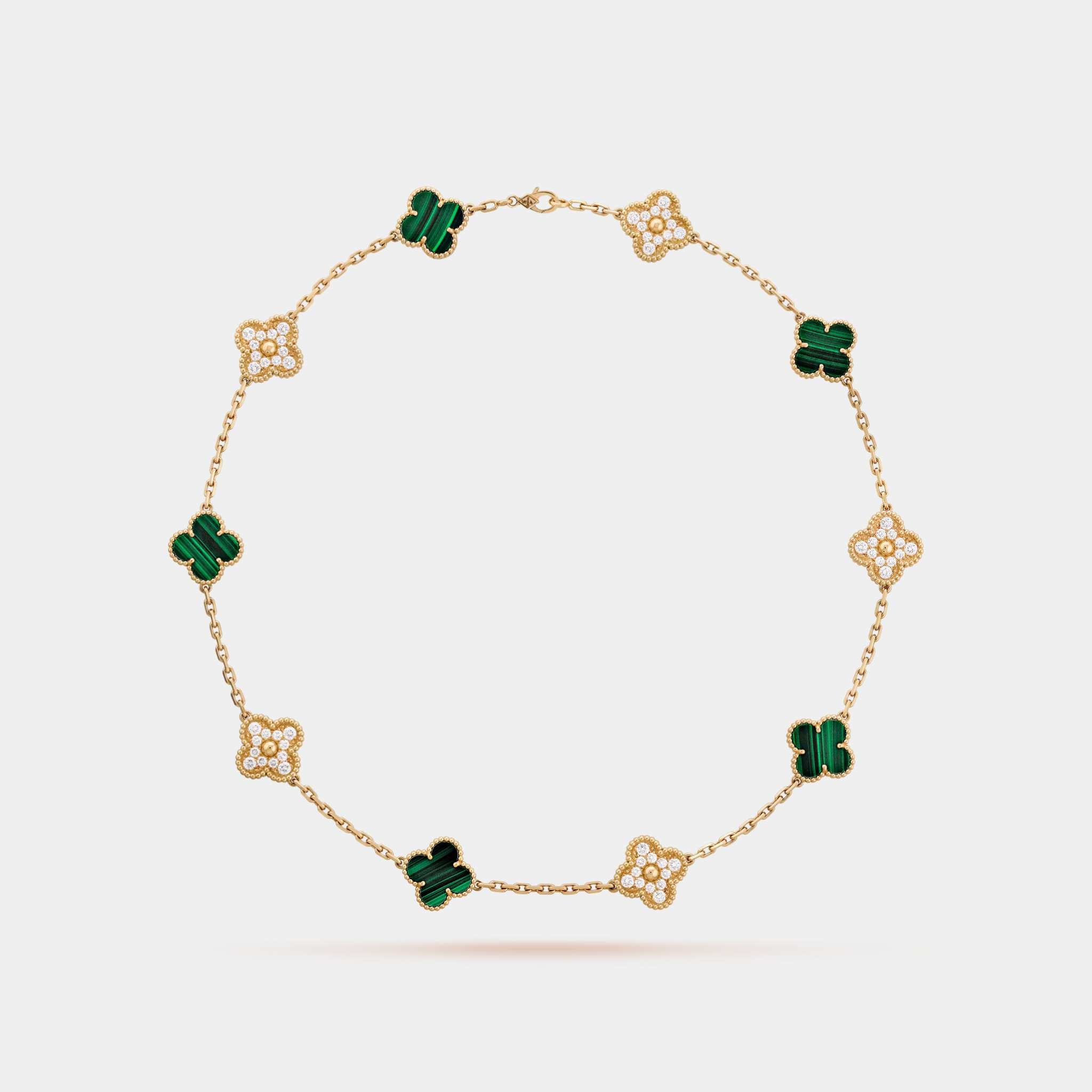 Vintage Alhambra Necklace 10 Motifs Yellow Gold Diamond Malachite, Front