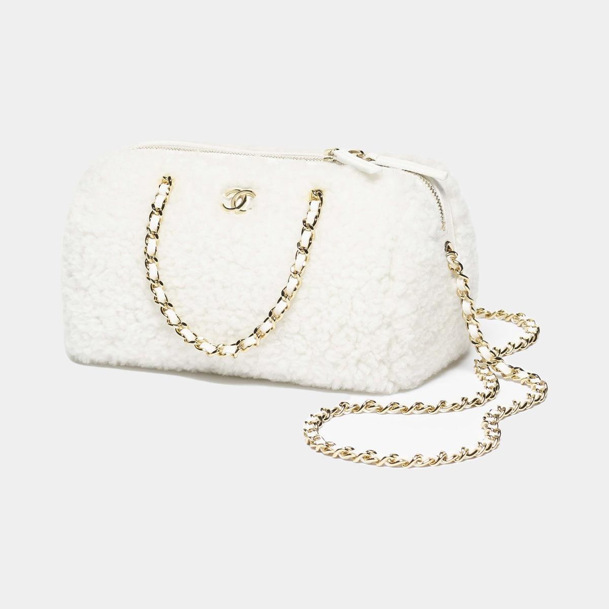 Clutch with Chain Shearling Lambskin & White Metal White — Default Title