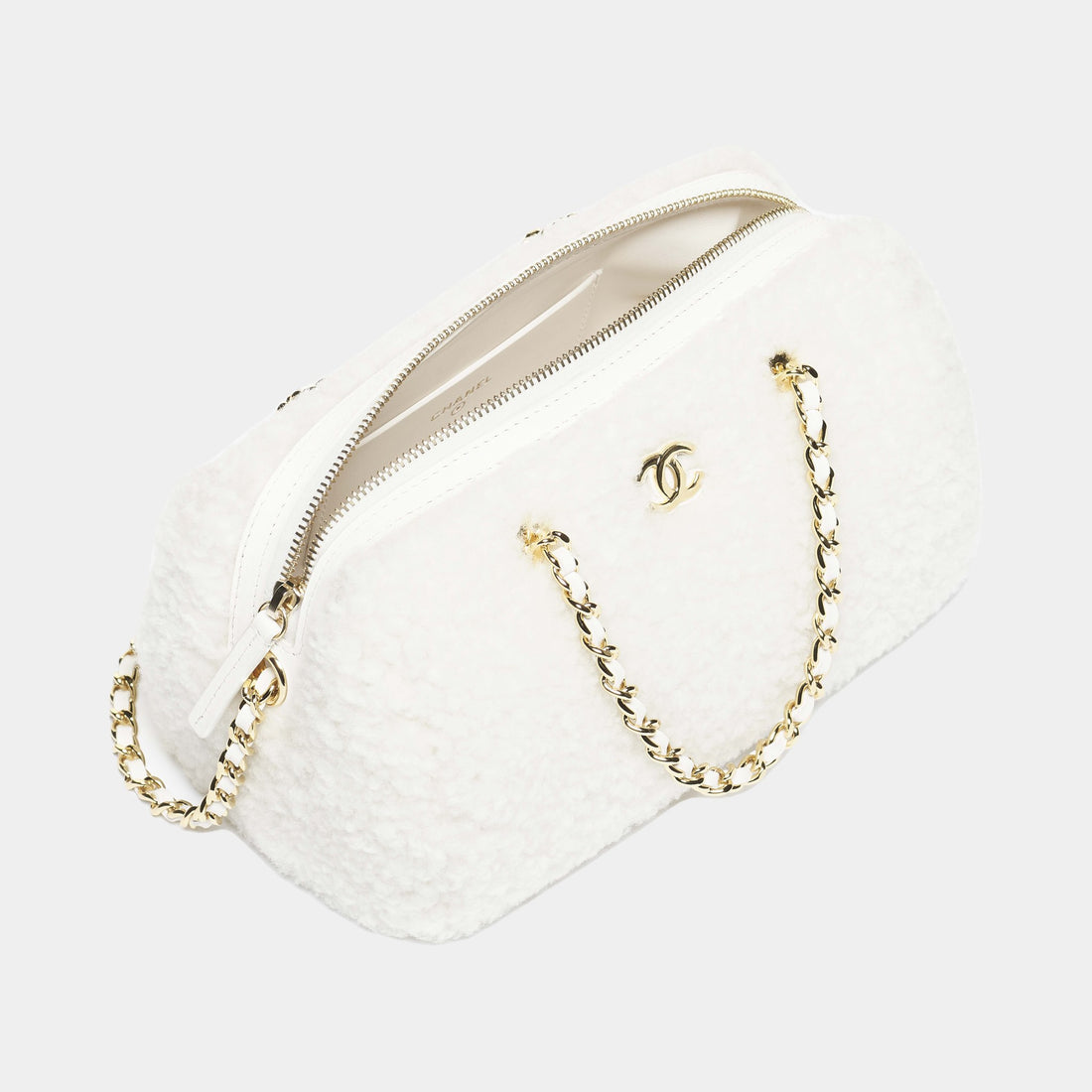 Chanel Clutch with Chain white shearling lambskin Coco Neige 2026 open interior view