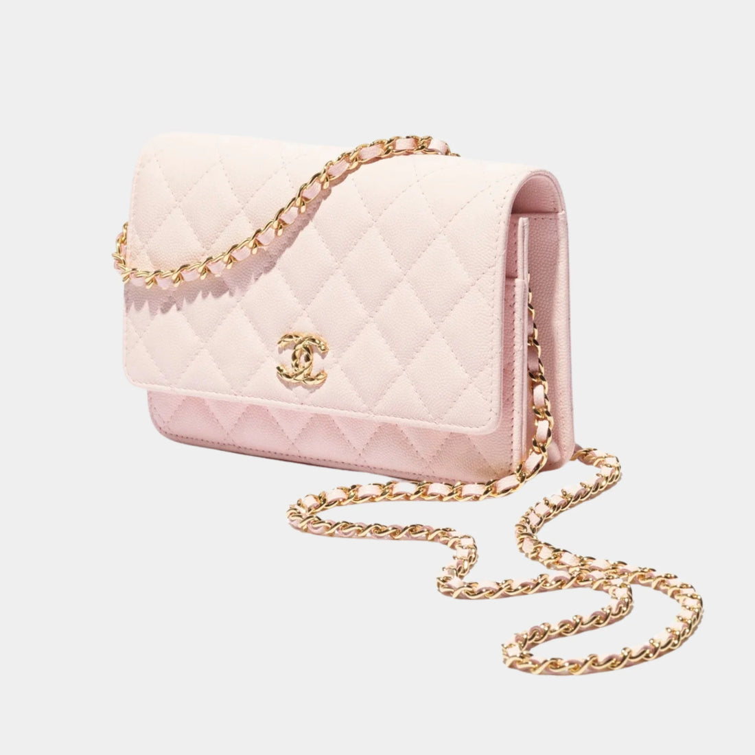 Chanel Wallet On Chain Grained Shiny Calfskin &amp; Gold-Tone Metal, Light Pink, Front