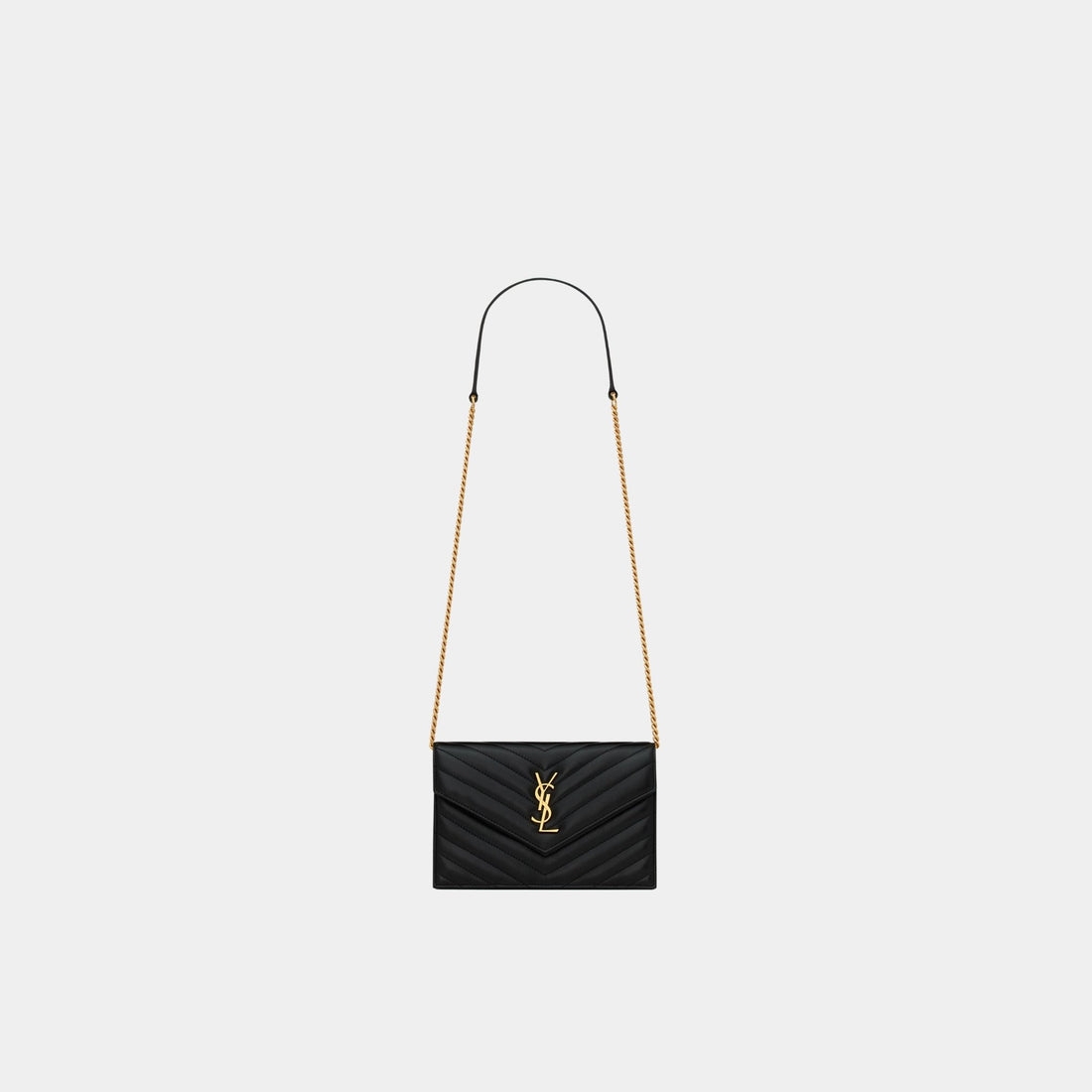 Yves Saint Laurent Cassandre Envelope Chain Wallet In Lambskin, Black, Front
