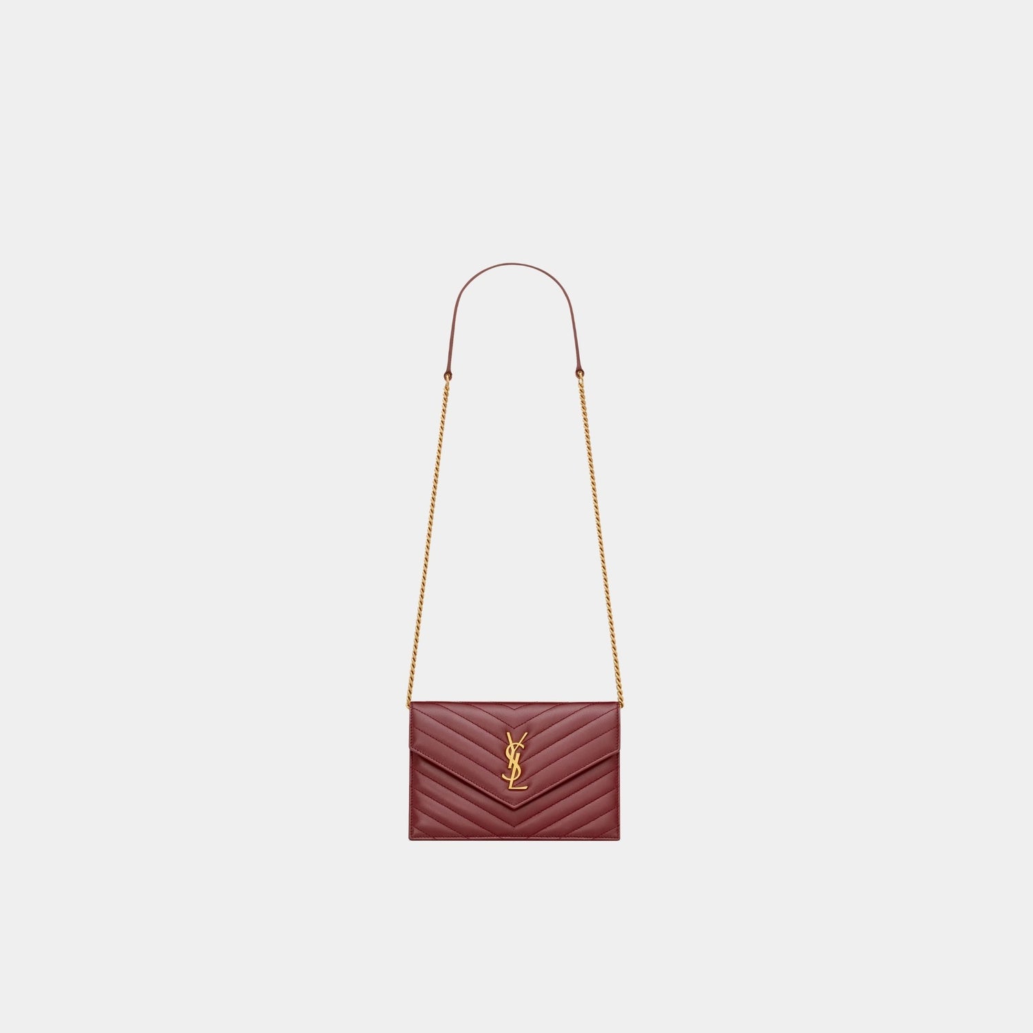 Yves Saint Laurent Cassandre Envelope Chain Wallet In Lambskin, Rouge Merlot, Front