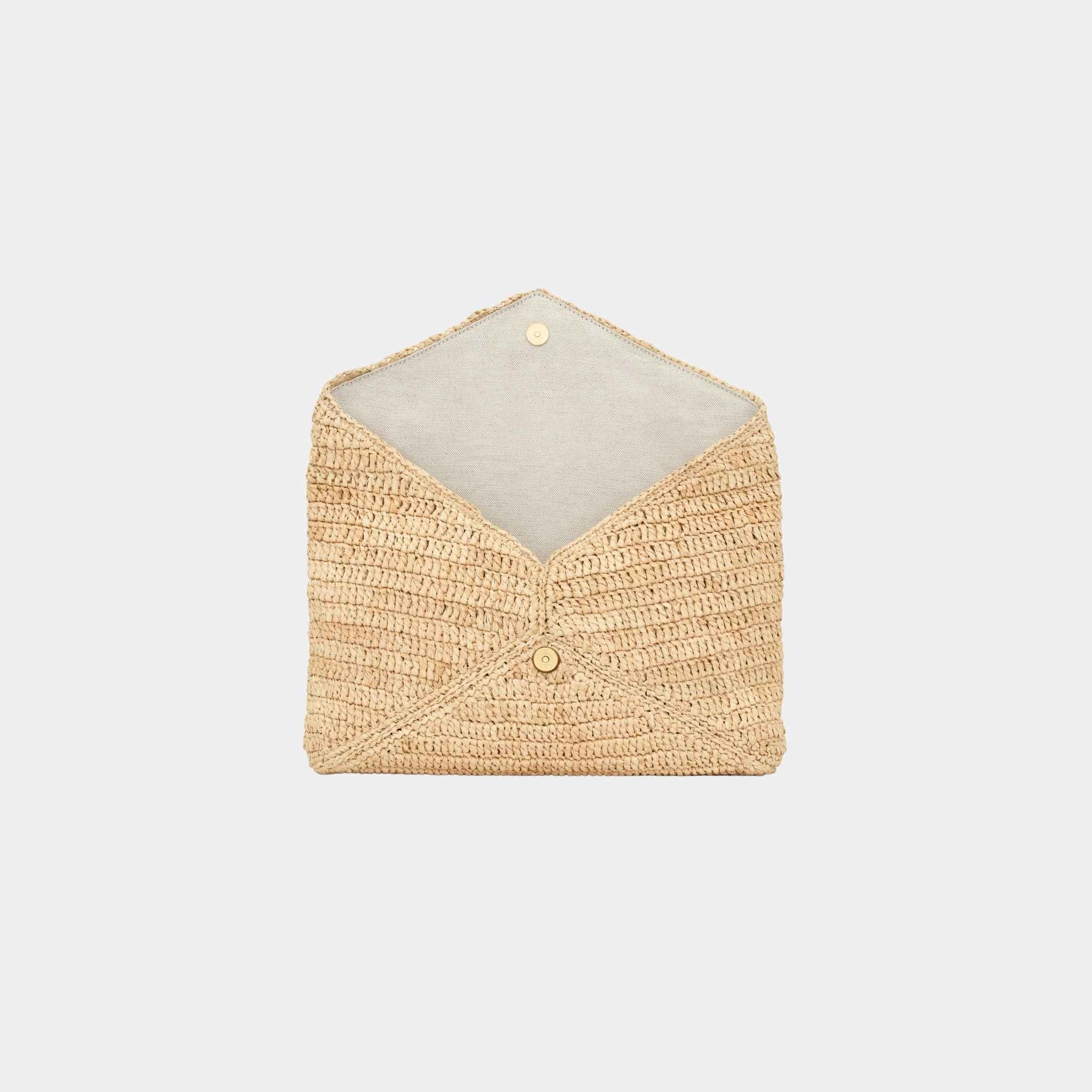 Yves Saint Laurent Cassandre Large Envelope Pouch In Raffia, Open