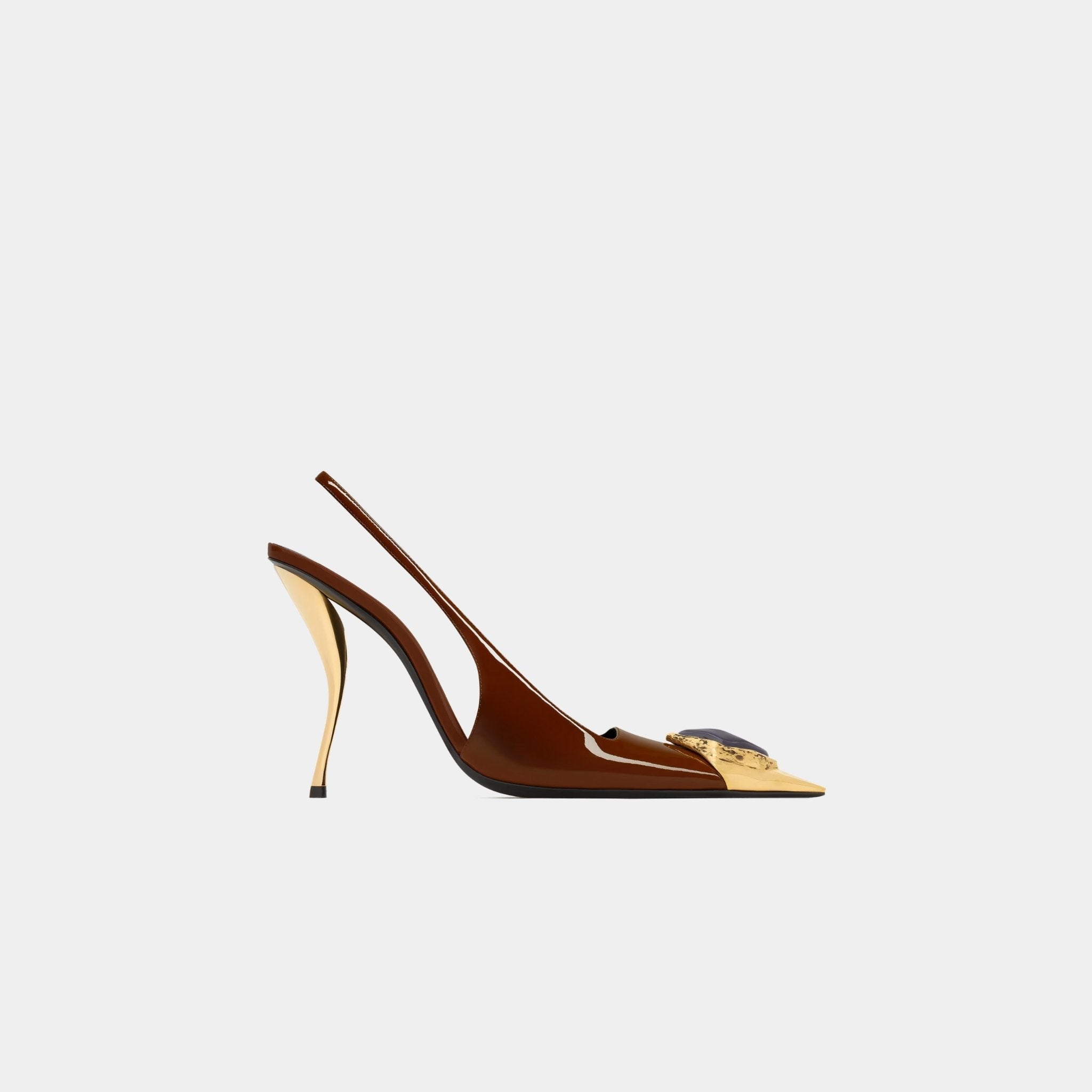 Yves Saint Laurent Loulou Patent Leather Slingbacks, Chestnut, Blue, Side