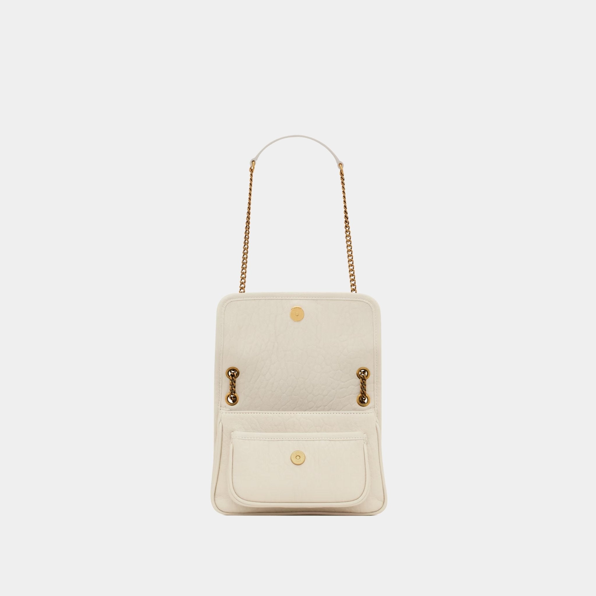 Yves Saint Laurent Niki Mini In Grained Lambskin, Blanc Vintage, Open