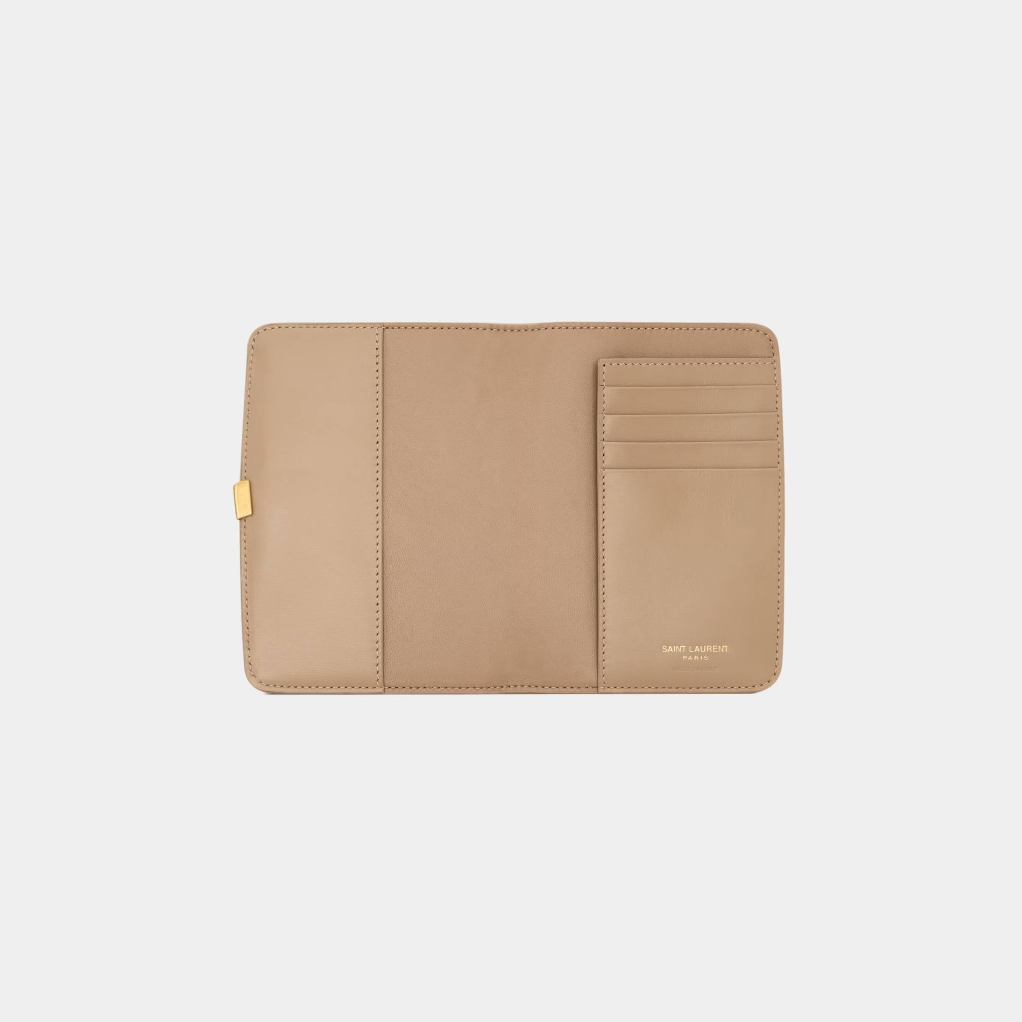 Yves Saint Laurent Voltaire Passport Case Calfskin, DK Toffee, Open