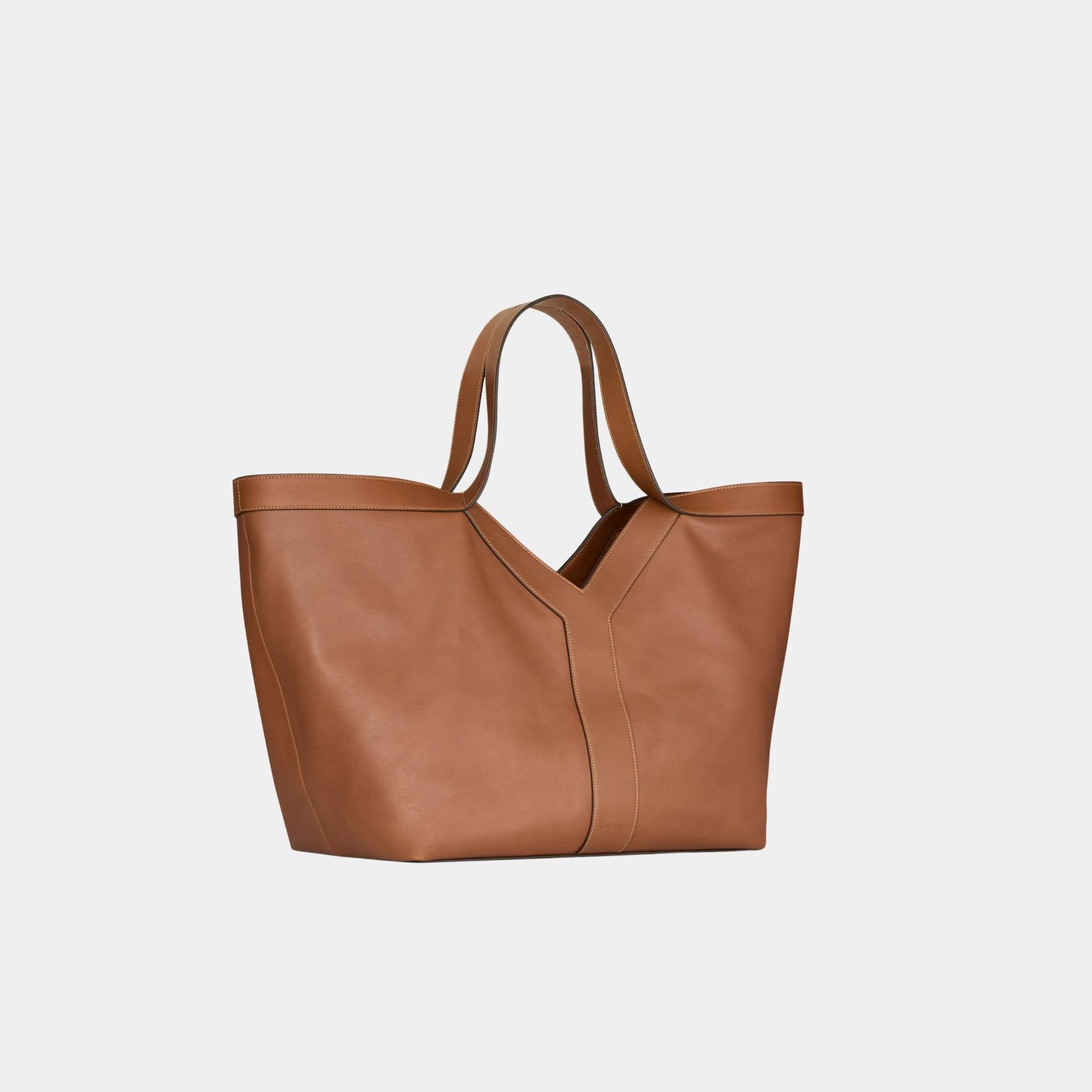 Yves Saint Laurent Y Tote Grained Leather With Tonal Suede Lining, Brick, Side, Front