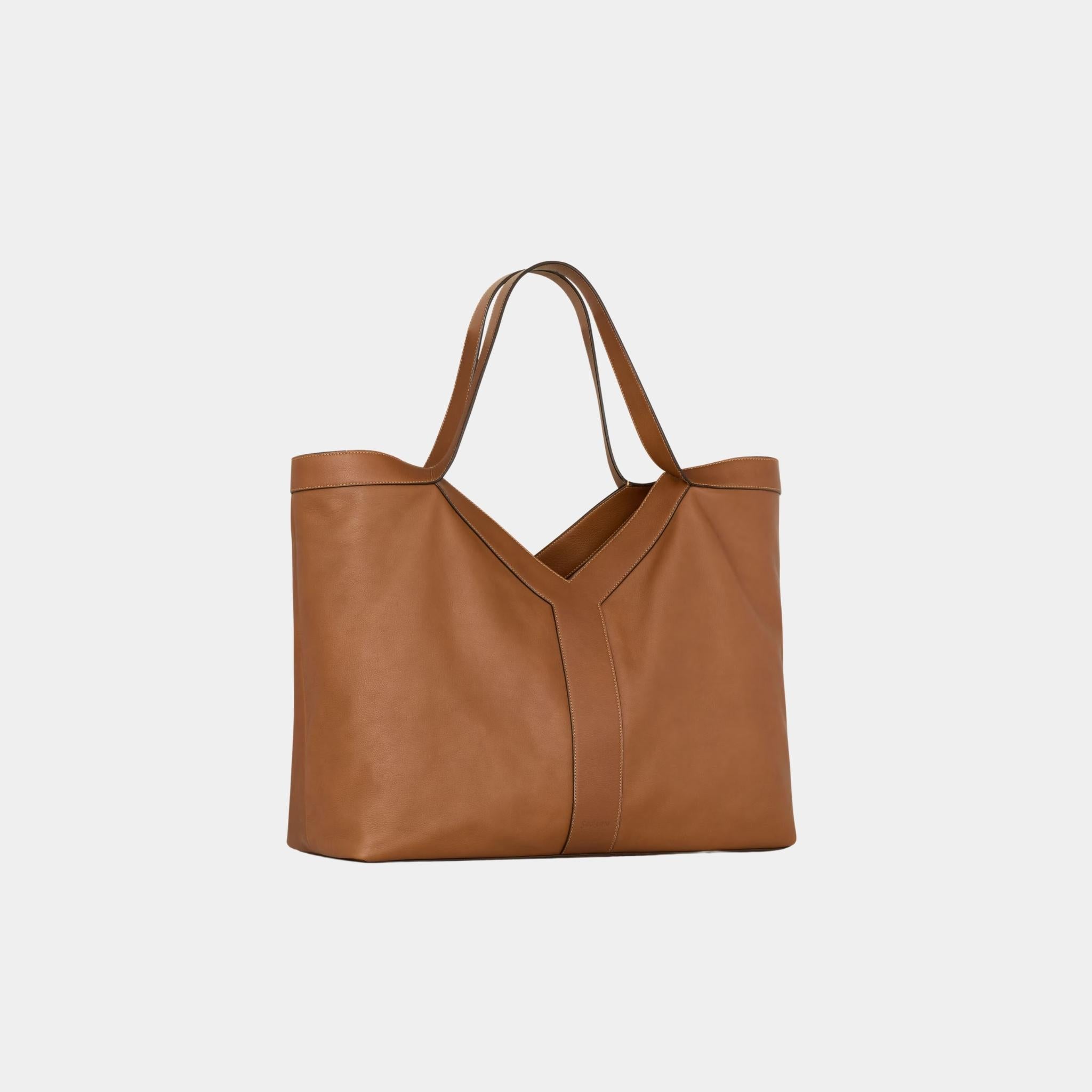 Yves Saint Laurent Y Tote In Leather With Tonal Suede Lining, Brick, Side, Front