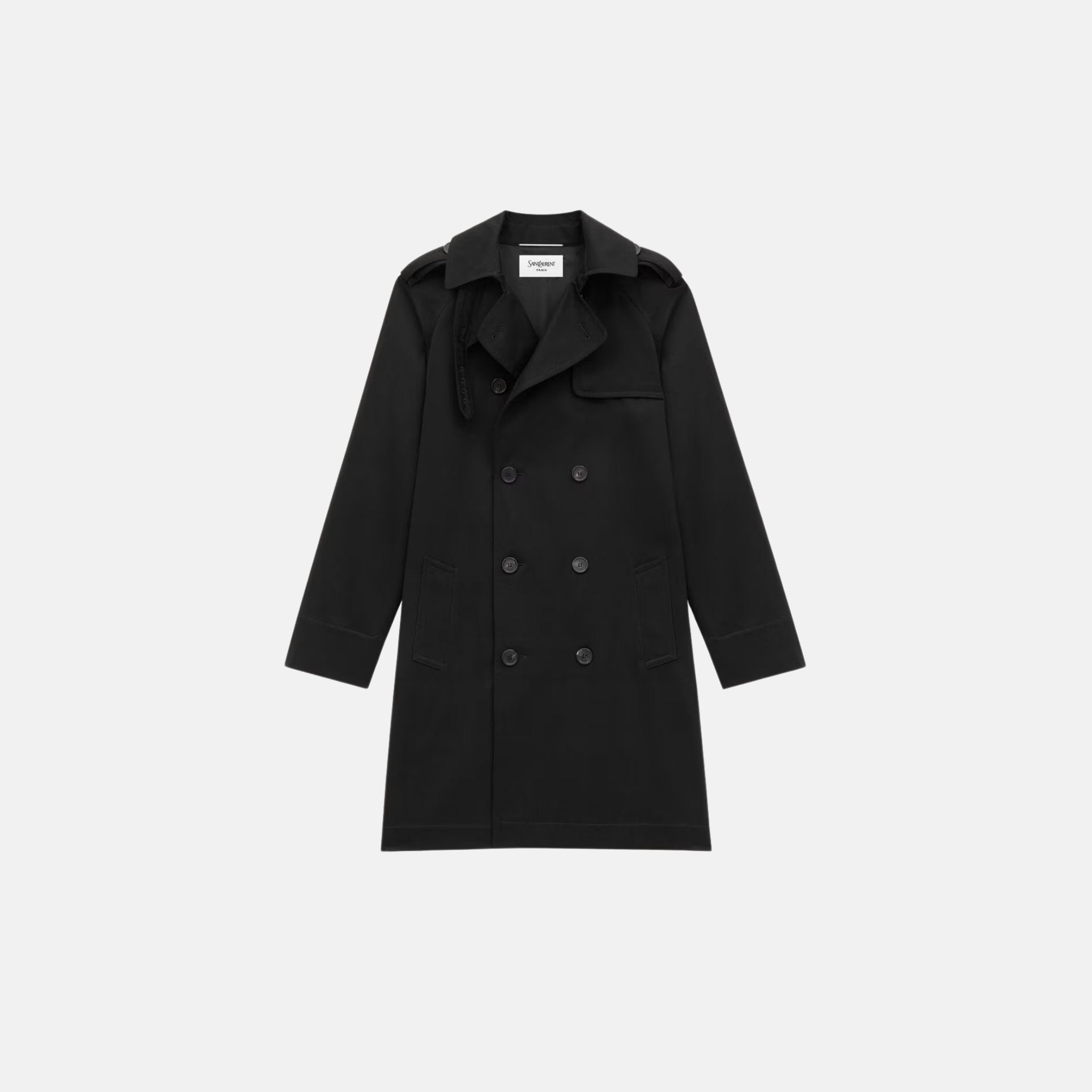 Yves Saint Laurent Trench Coat In Cotton Gabardine, Black, Front