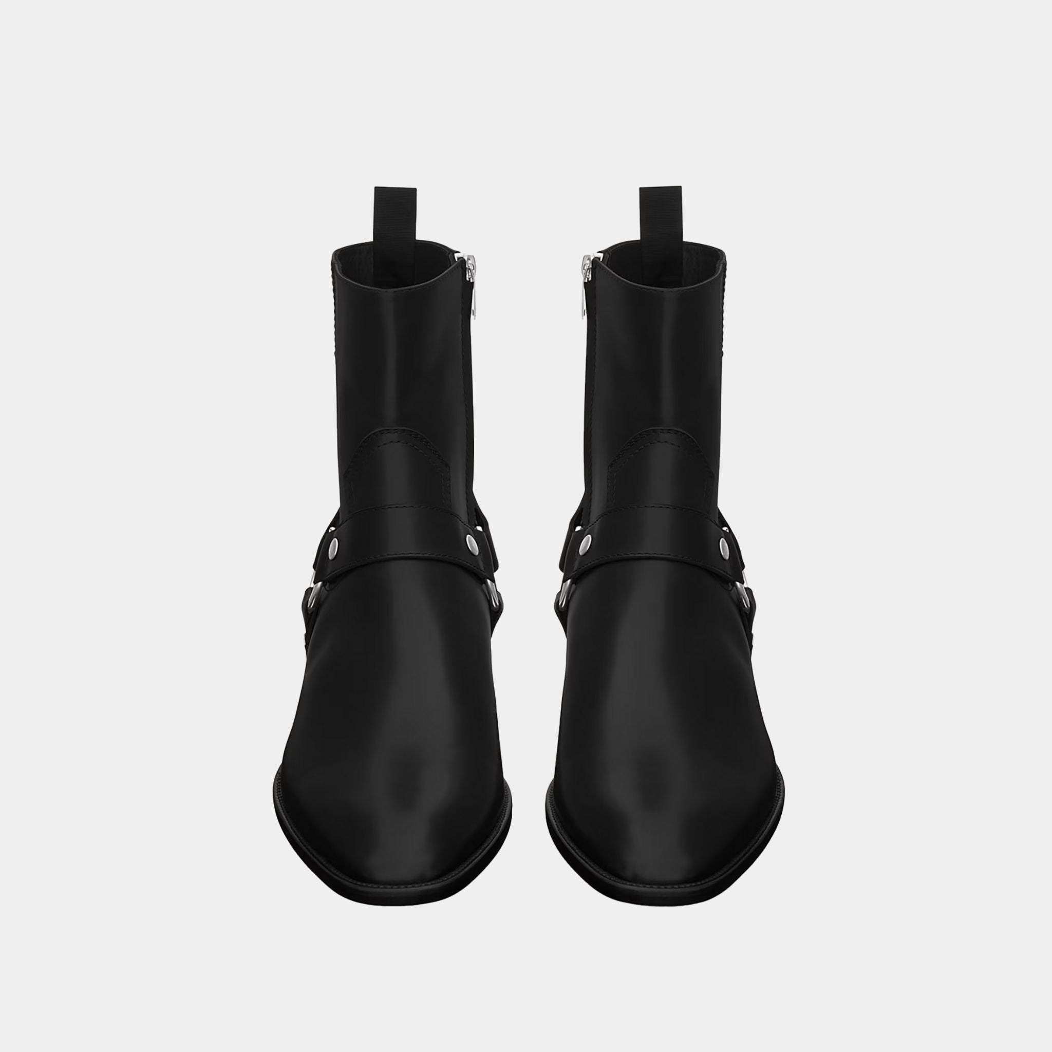 Yves Saint Laurent Wyatt Harness Boots in Black Smooth Leather, Close