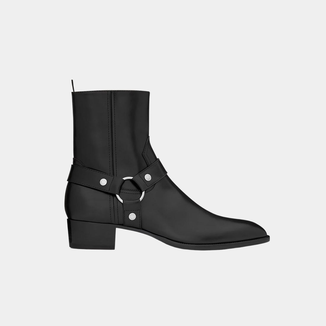 Yves Saint Laurent Wyatt Harness Boots in Black Smooth Leather, Side