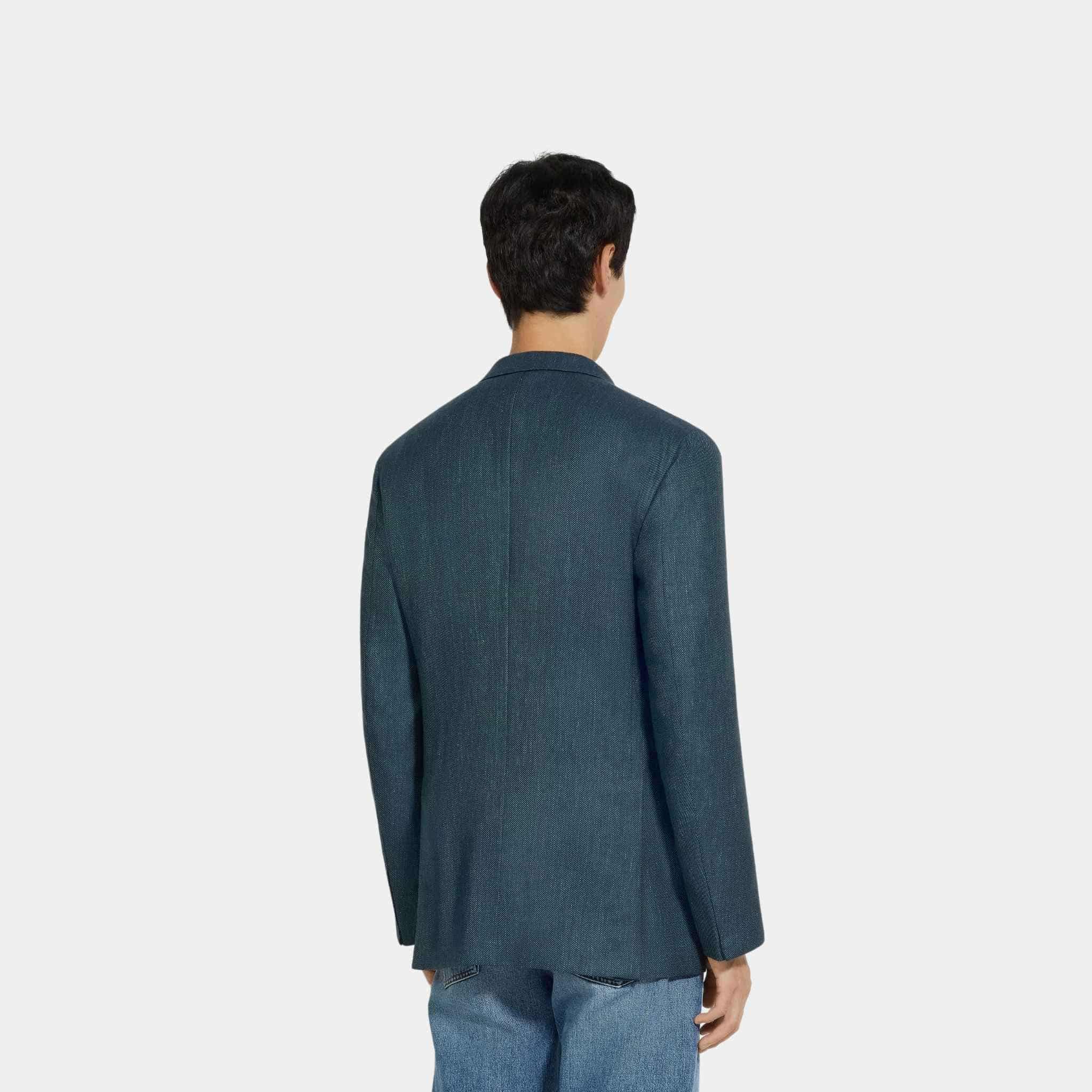 Zegna Cashmere Silk And Linen Jacket, Dark Teal Blue, Back