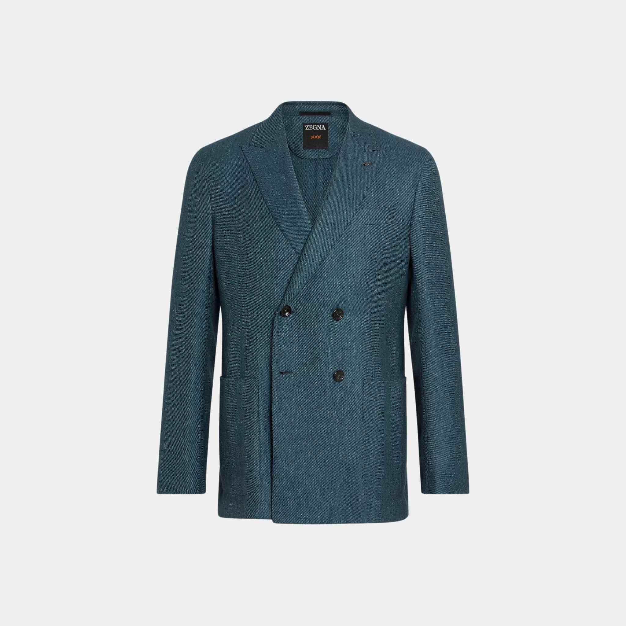 Zegna Cashmere Silk And Linen Jacket, Dark Teal Blue, Front