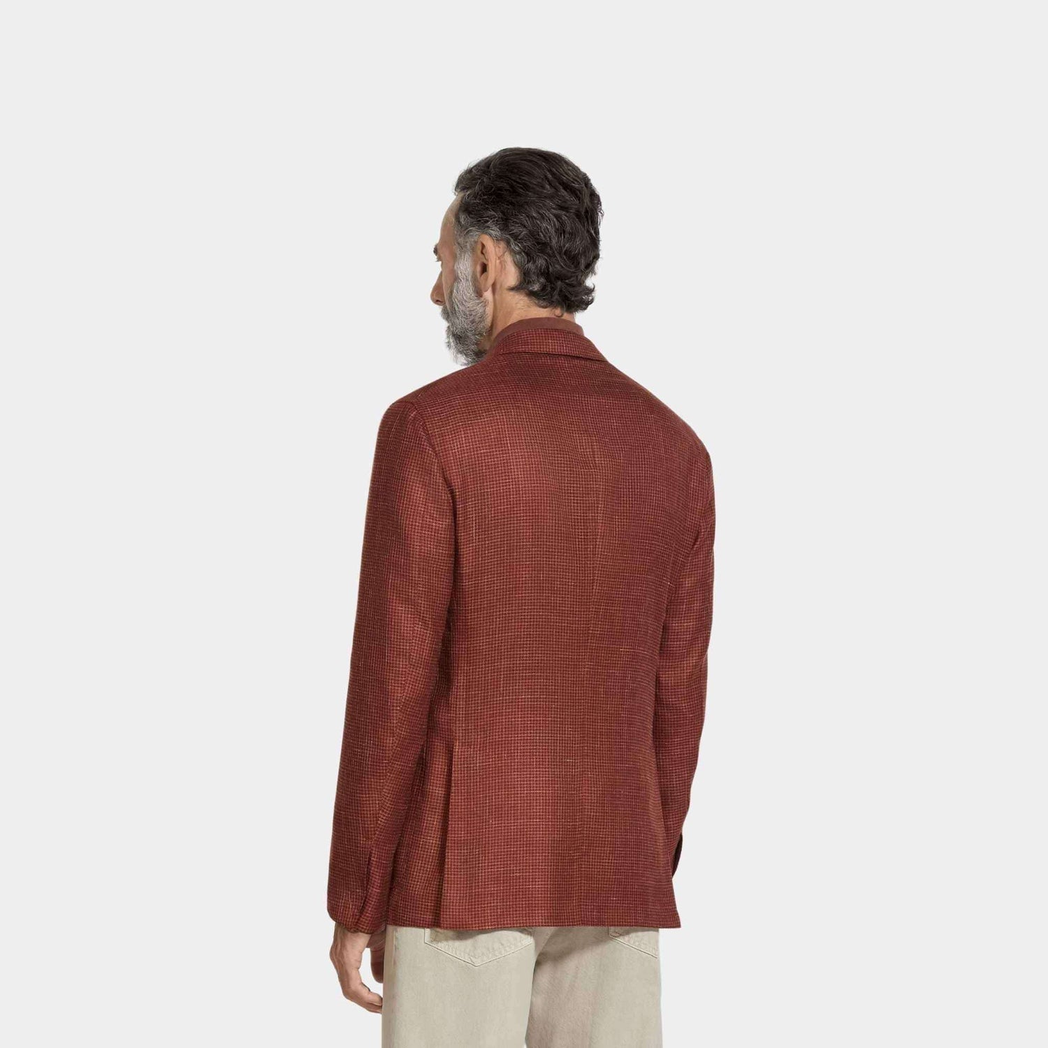 Zegna Cashmere Silk and Linen Jacket With Houndstooth Motif, Brick Red, Back