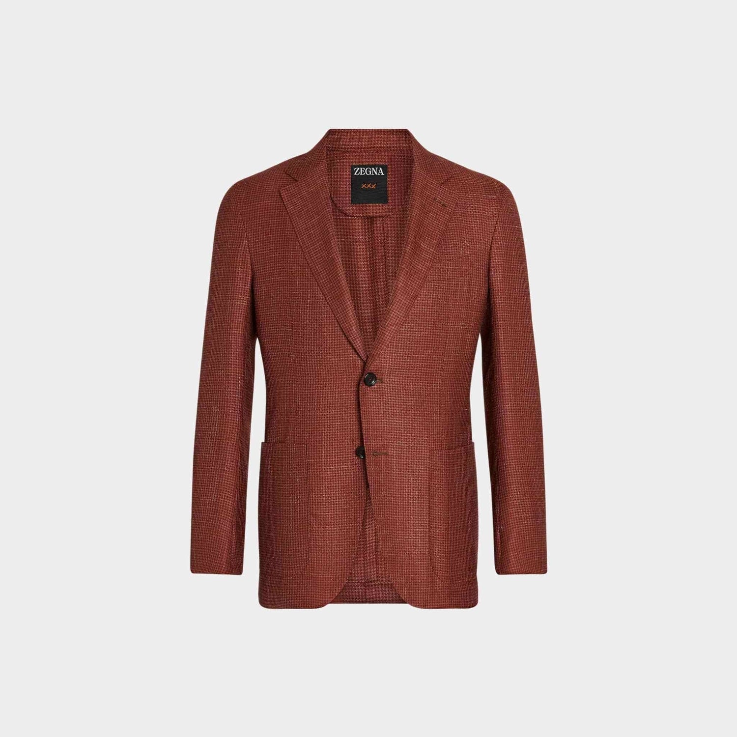 Zegna Cashmere Silk and Linen Jacket With Houndstooth Motif, Brick Red, Front