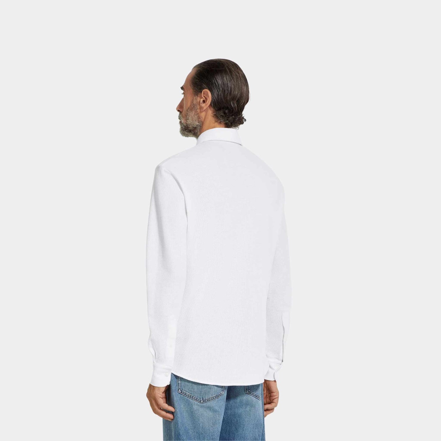 Zegna Cotton Long-Sleeve Polo Shirt, Optical White, Back