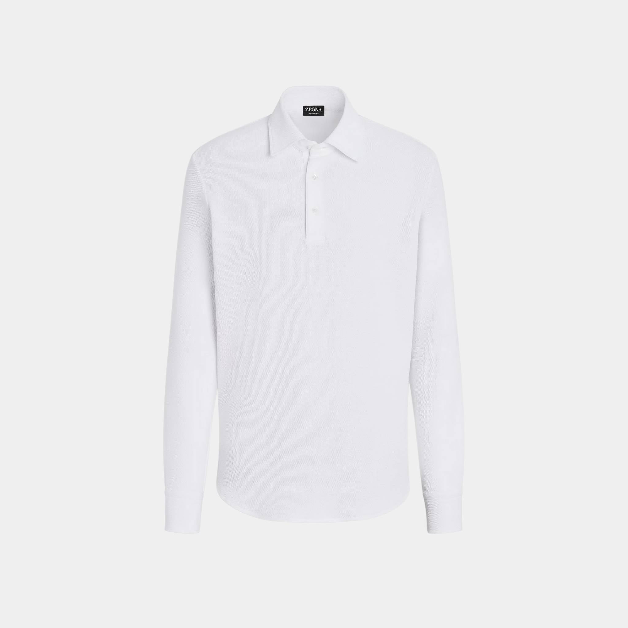 Zegna Cotton Long-Sleeve Polo Shirt, Optical White, Front
