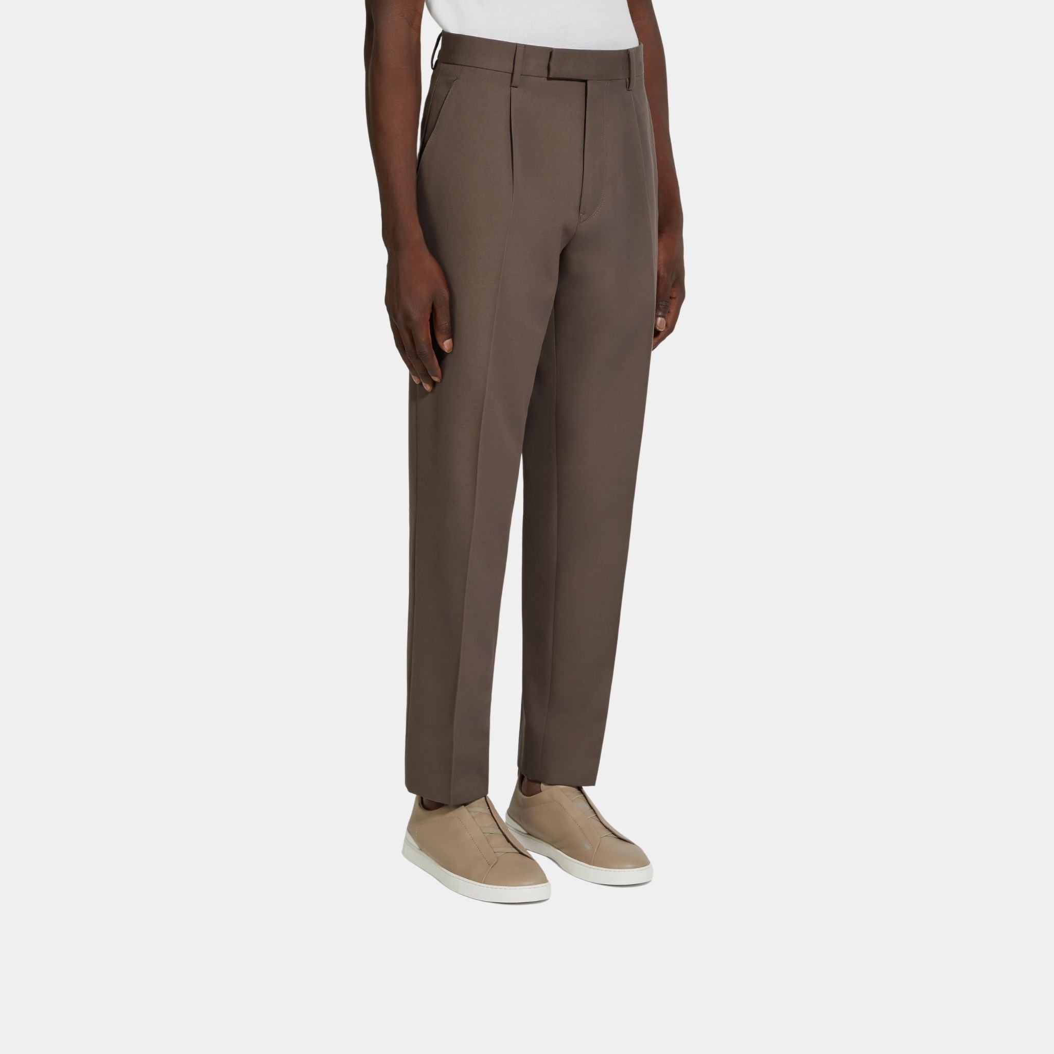 Zegna Cotton and Wool Pants With Single Front Pleats, Dark Taupe, Model