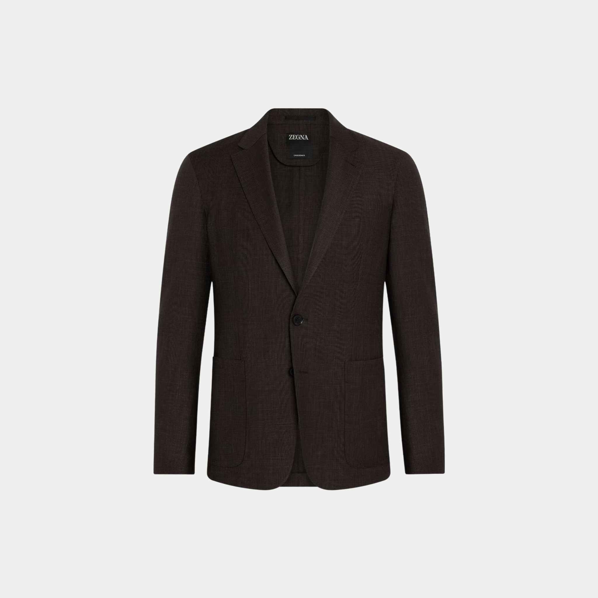 Zegna Crossover Wool Silk And Linen Jacket, Brown, Dark Brown, Front
