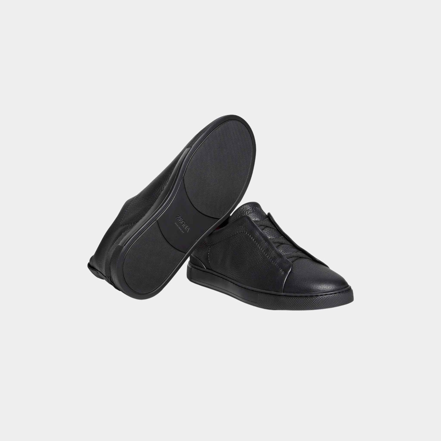 Zegna Deerskin Triple Stitch Low Top Sneakers, Black, Sole