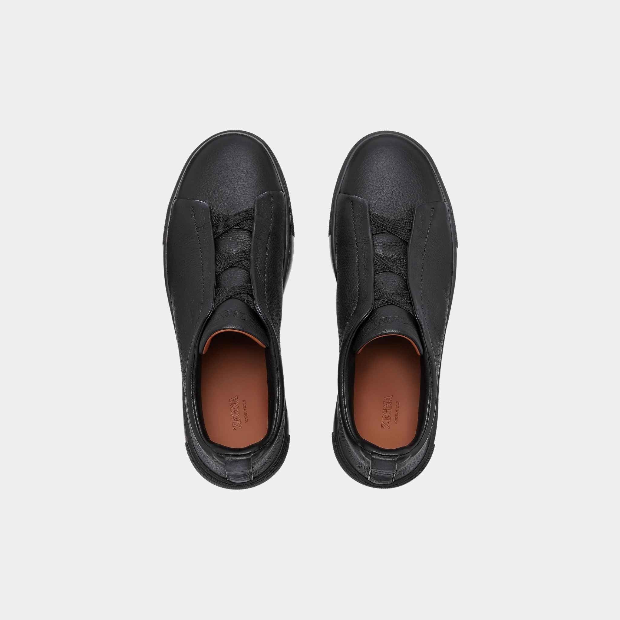 Zegna Deerskin Triple Stitch Low Top Sneakers, Black, Top