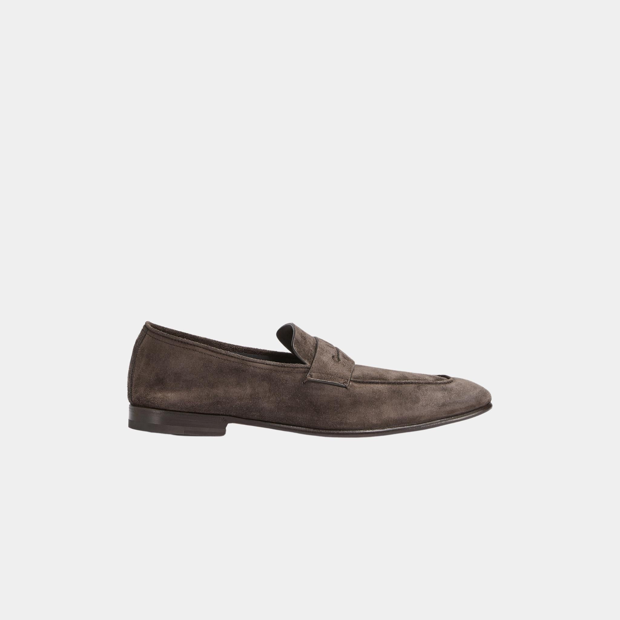 Zegna LAsola Suede Loafers, Brown, Side