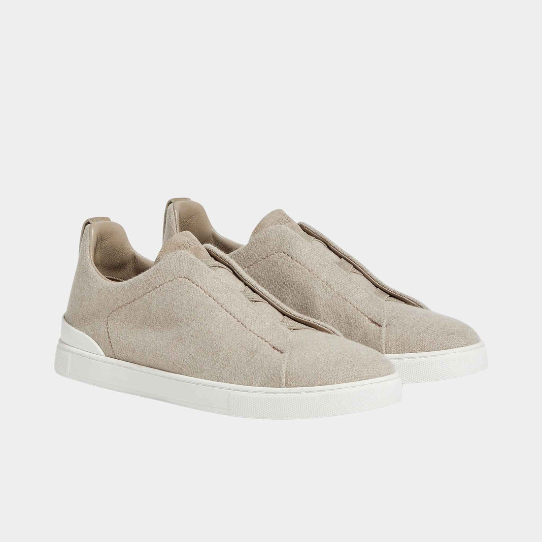 Zegna Light Taupe Cashmere Triple Stitch Sneakers, Front
