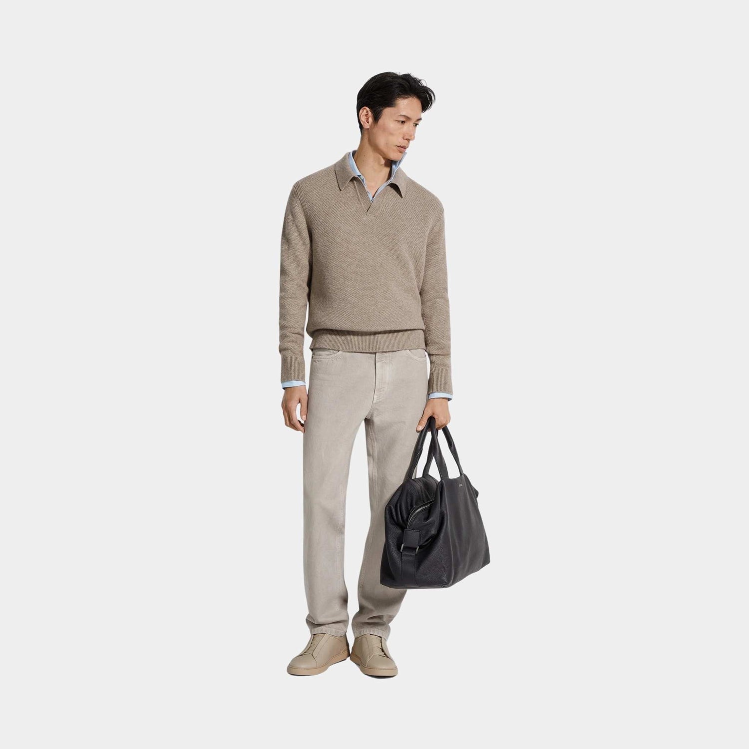 Zegna Melange Oasi Cashmere Light Taupe Polo Shirt, Model