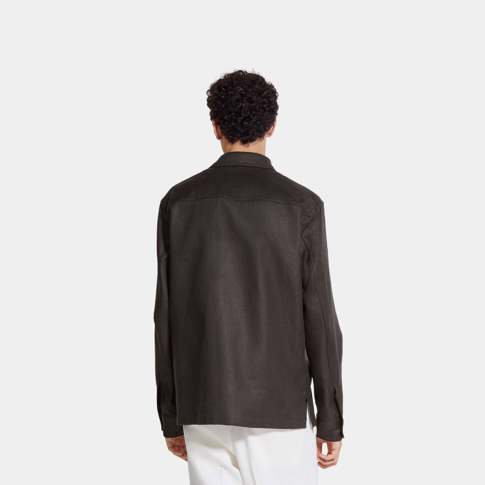 Zegna Oasi Lino Overshirt WIth Hidden Button Closure, Dark Brown, Back