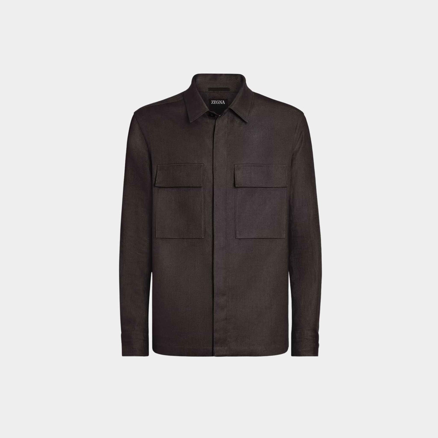 Zegna Oasi Lino Overshirt WIth Hidden Button Closure, Dark Brown, Front